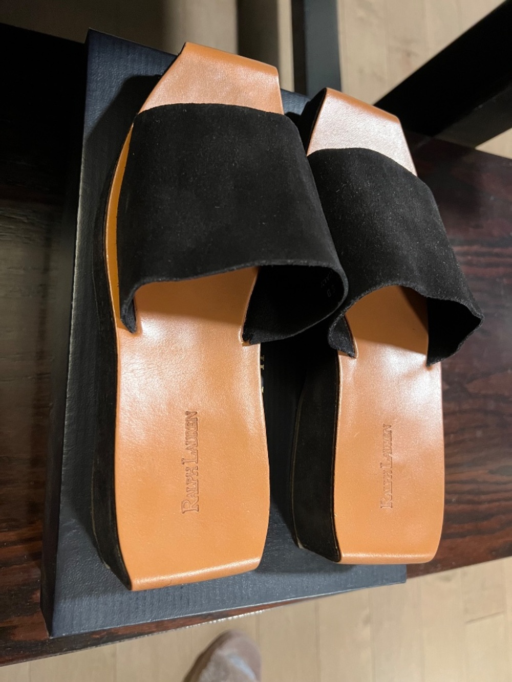 Ralph Lauren Suede and Leather Black Platform Sandals - Picture 2 of 9